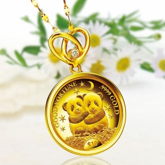 ＜しあわせの双子パンダ金貨＞宝飾純金コインペンダント