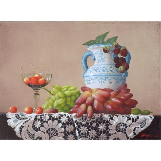[庄司守]油彩画『ブドウとサクランボのある卓上』