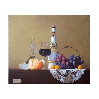 [庄司守]油彩画『ワインとオレンジのある卓上』