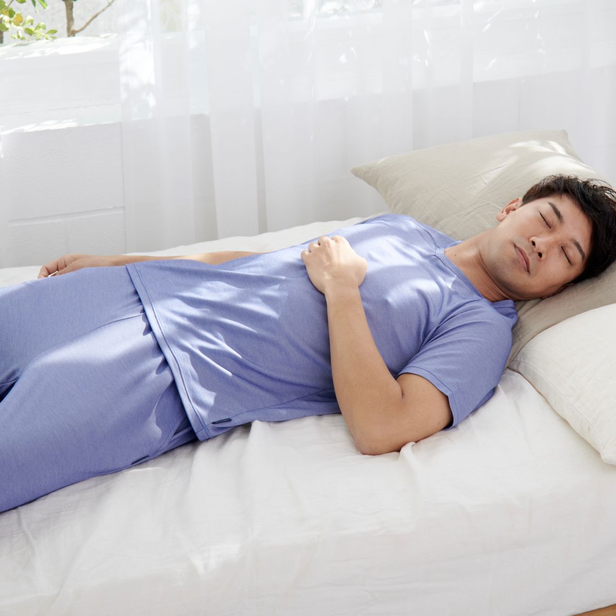 ベネクス リカバリーウェア コンフォートクール 上下セット ラグランスリーブ Vネック ひざ下丈パンツ メンズ ブルー