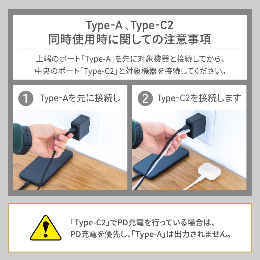 AC充電器 USB Type-C×2ポート Type-A×1ポート(ブラック): オウルテック