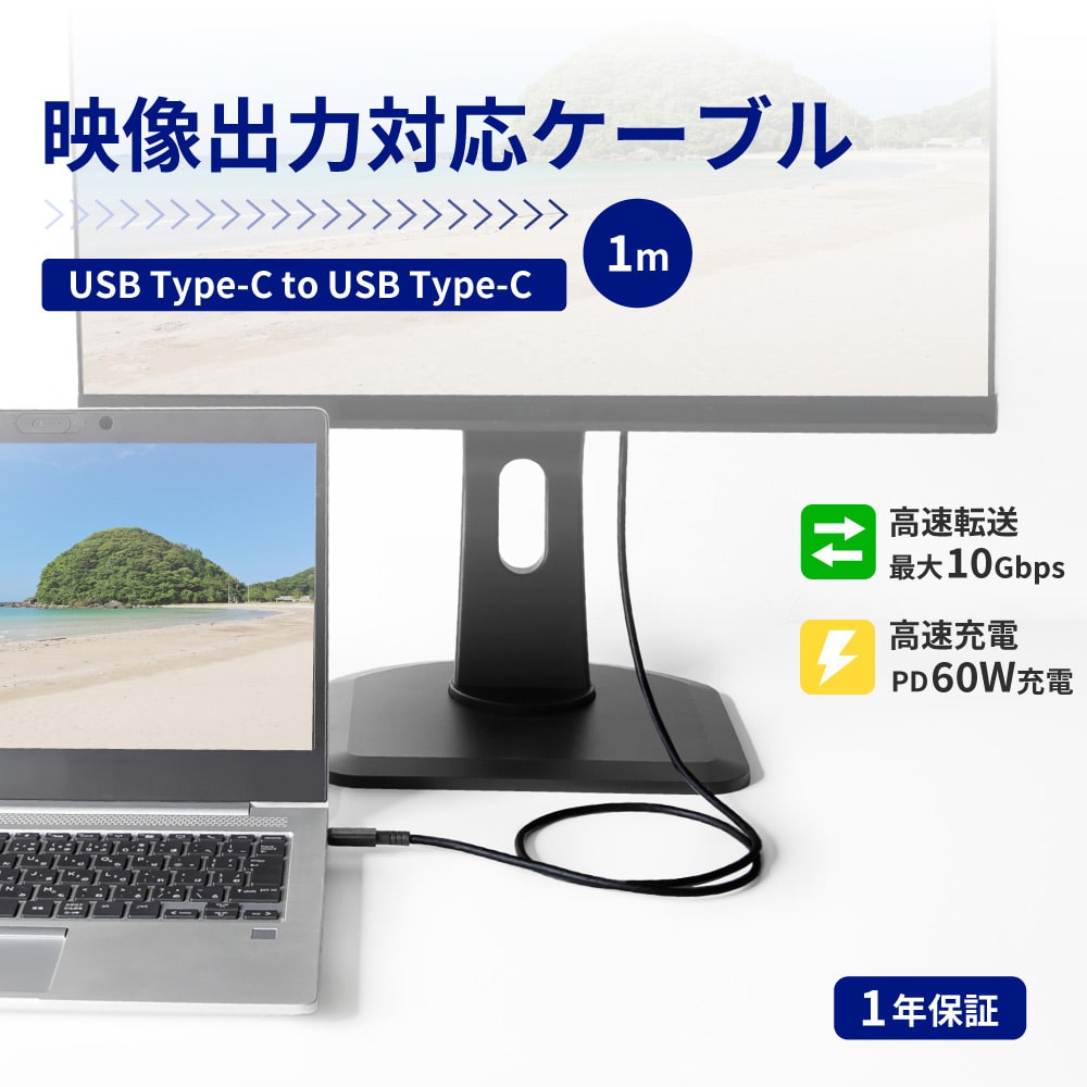 USB Type-C to USB Type-Cケーブル 1ｍ ブラック やわらかで高速転送 最大10Gbps／PD60W充電