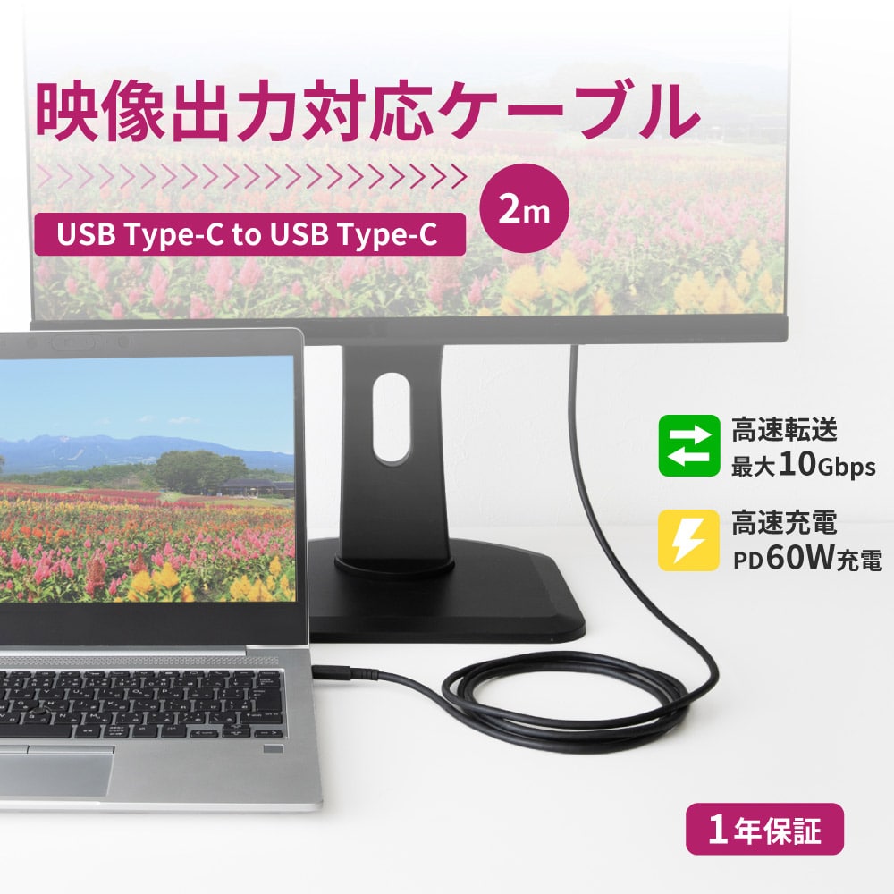 Type-C to USB Type-Cケーブル 2m ブラック やわらかで高速転送 最大10Gbps／PD60W充電