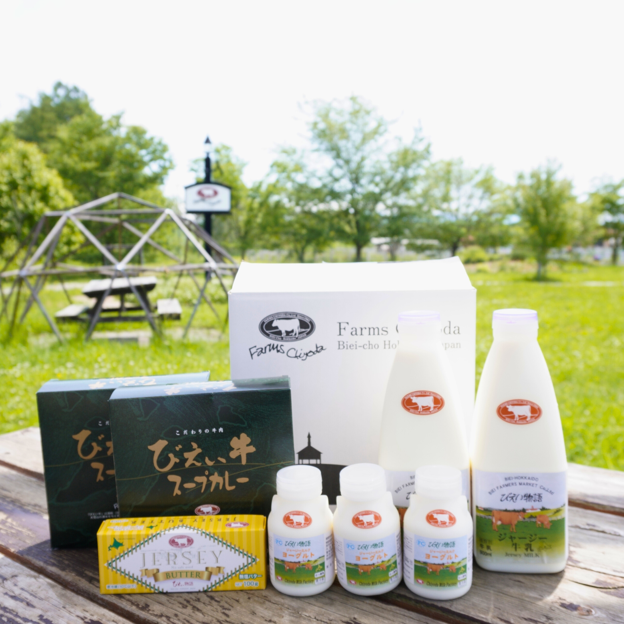 超希少なジャージャー牛乳、ジャージーヨーグルト、ジャージーバター、びえい牛スープカレーセット　北海道美瑛町　「ファームズ千代田」送料無料