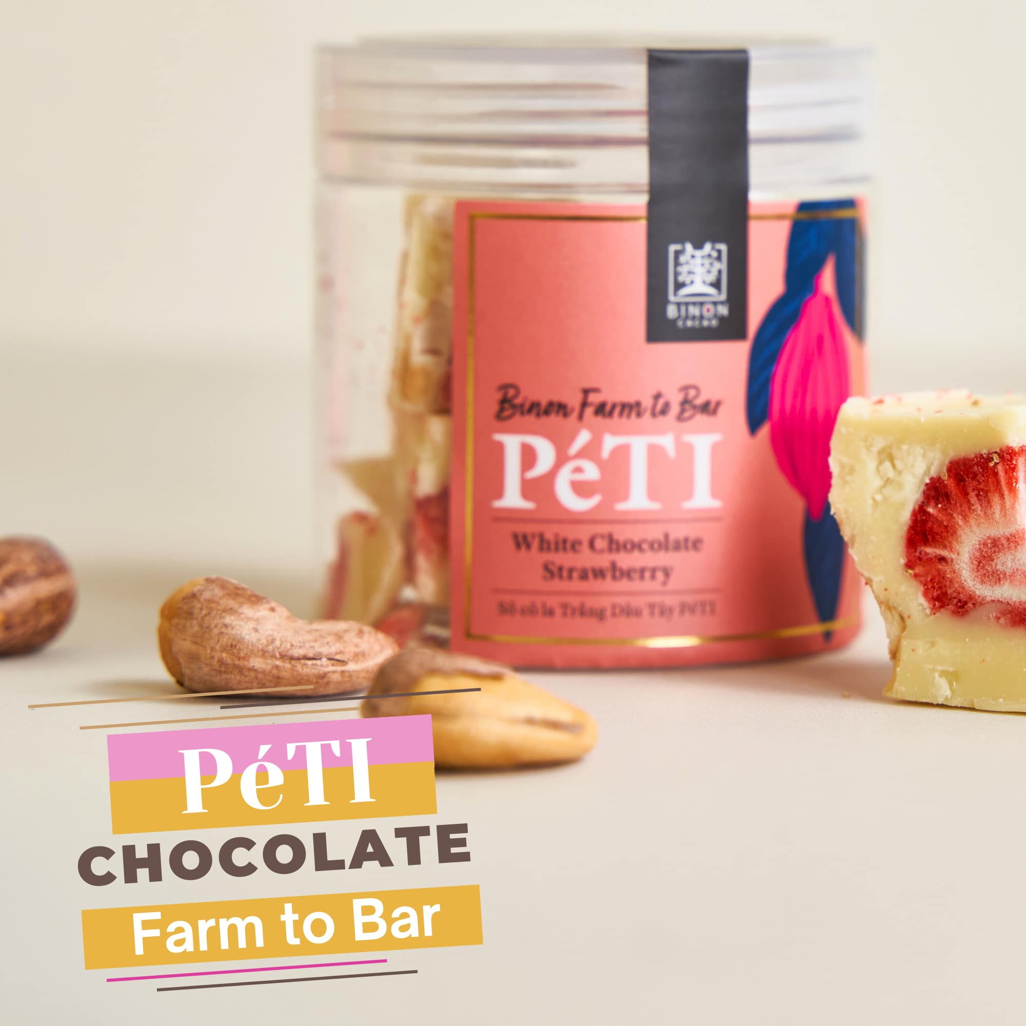 「送料無料」 ビノンカカオ  PeTIチョコレートホワイト  いちご ブラ入り 70g ｜ベトナム産カカオのビーントゥバーチョコレート ご自宅・ギフトにも[合同会社OCトレーディング]
