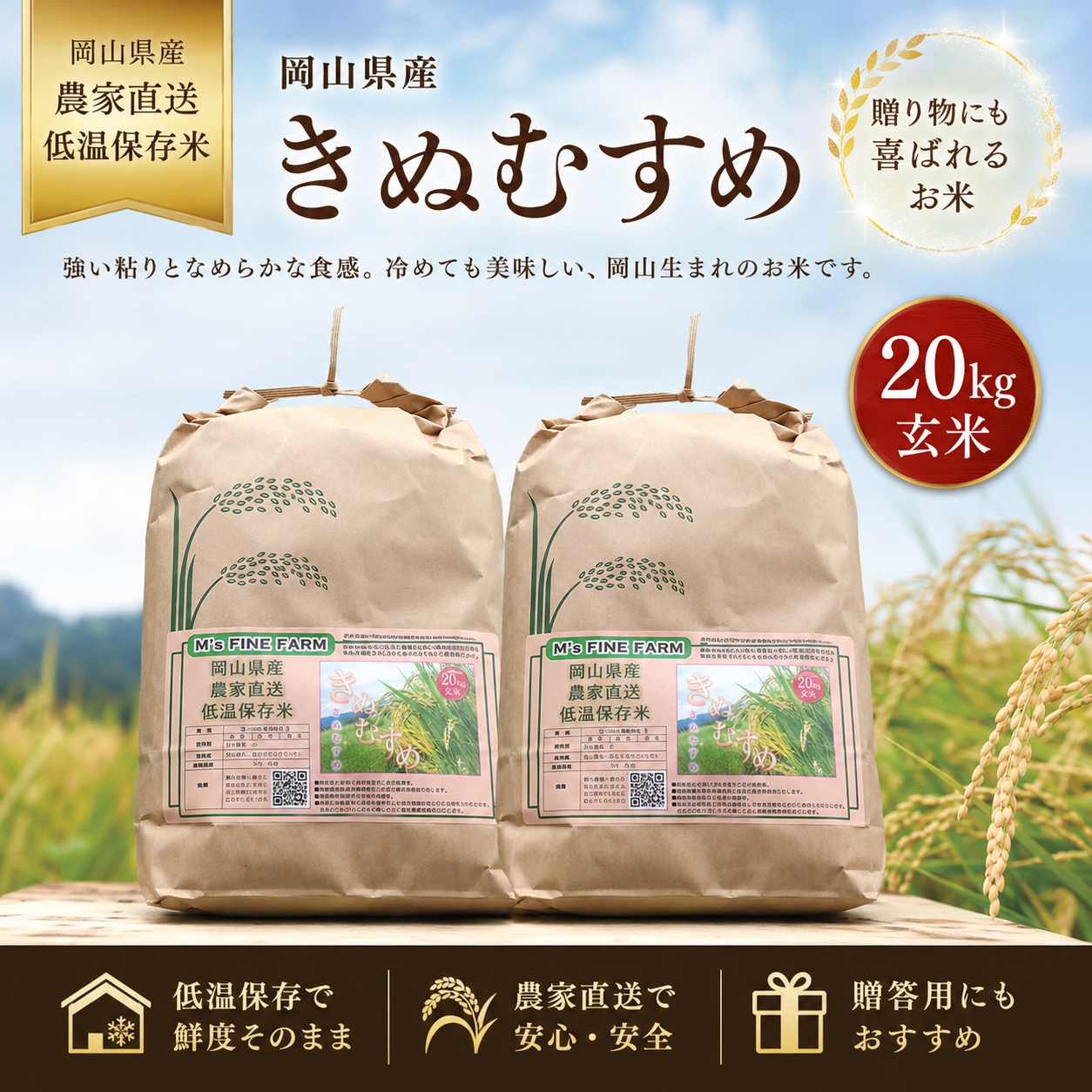 岡山県産『きぬむすめ』 20kg玄米[ＭｓＦｉｎｅＦａｒｍ（よしひろ農園)]