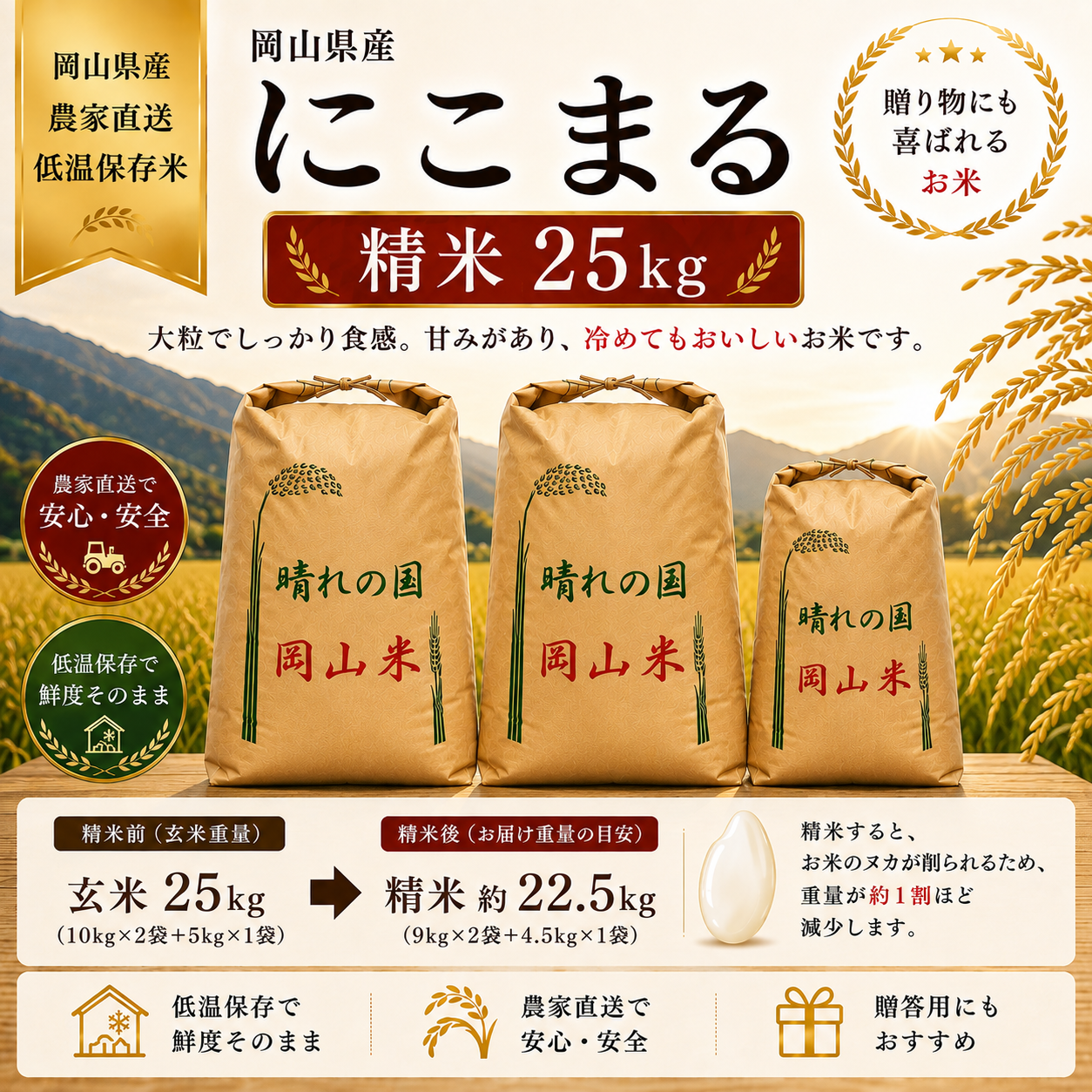 令和8年新米10月中旬～発送 岡山県産『にこまる』 25kg精米[MsFineFarm(よしひろ農園)]