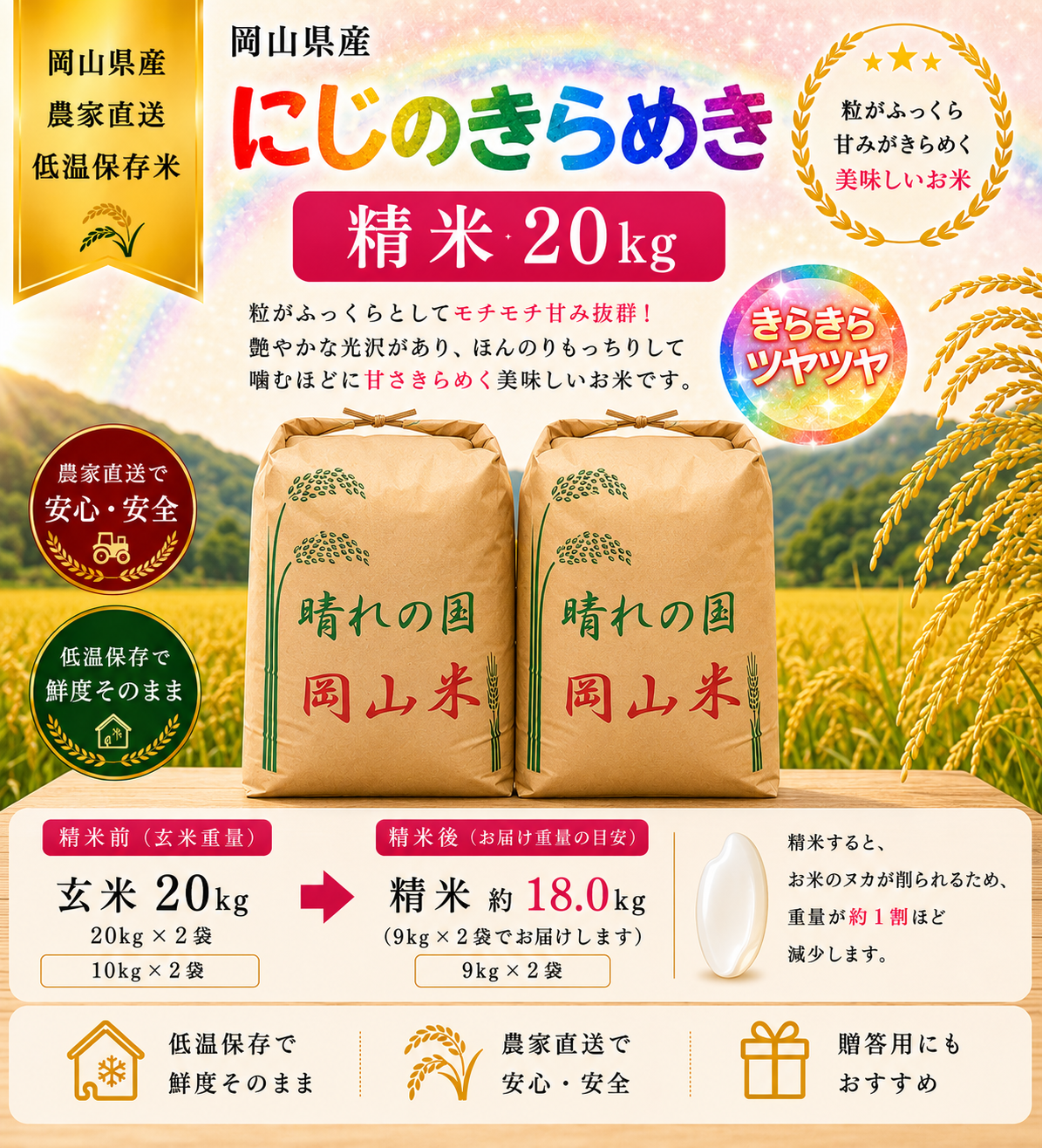 令和8年新米10月上旬～発送 岡山県産『にじのきらめき』 20kg精米[MsFineFarm(よしひろ農園)]