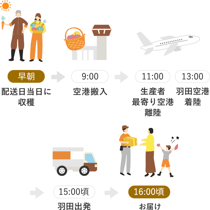 
      （早朝）配送日当日に収穫→（9:00）空港搬入→（11:00）生産者最寄り空港離陸（13:00）羽田空港着陸→（15:00頃）羽田出発→（16:00頃）お届け
      