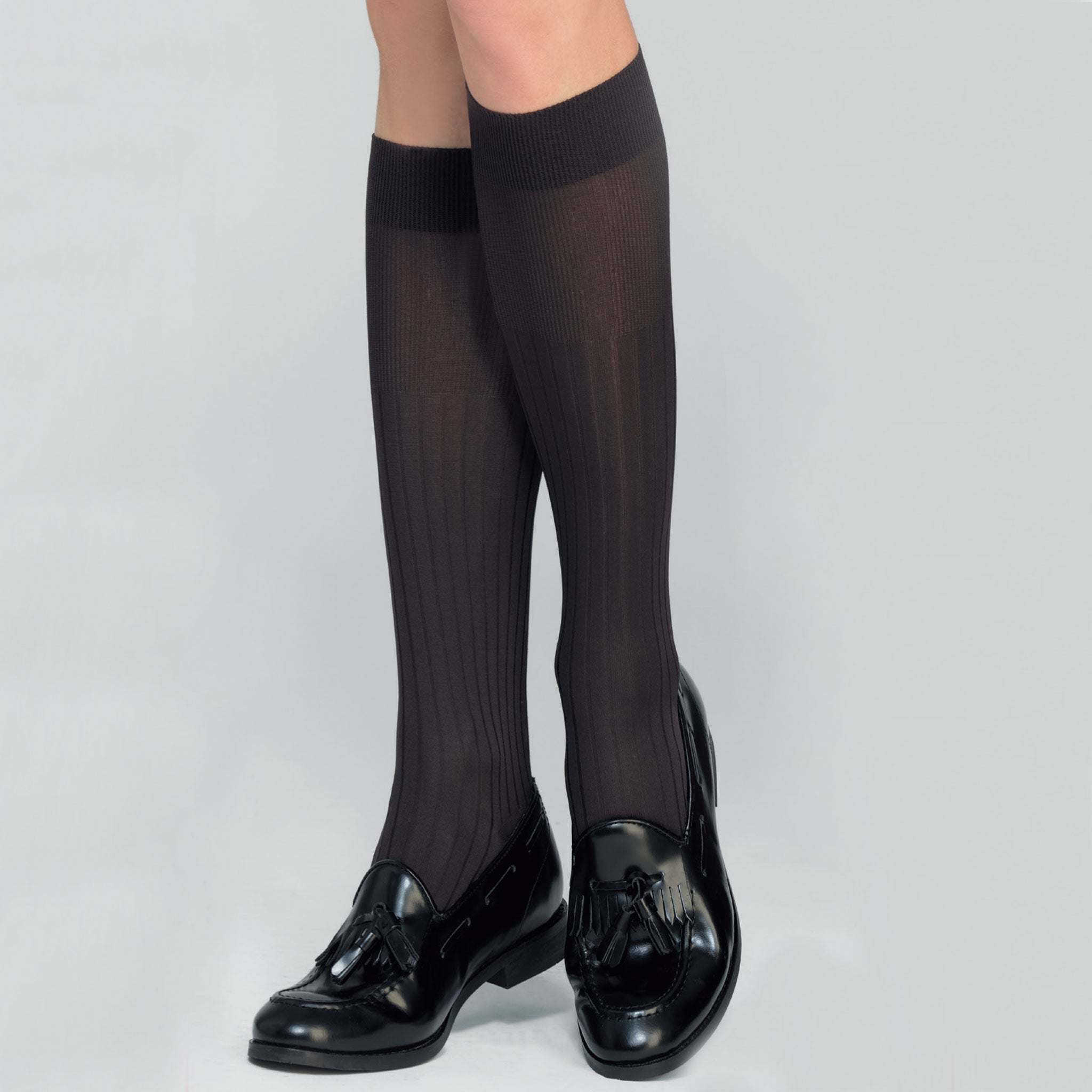 ベルベットタッチのリブハイソックス ダークブラウン フリーサイズ(約:22.5-24.5㎝)