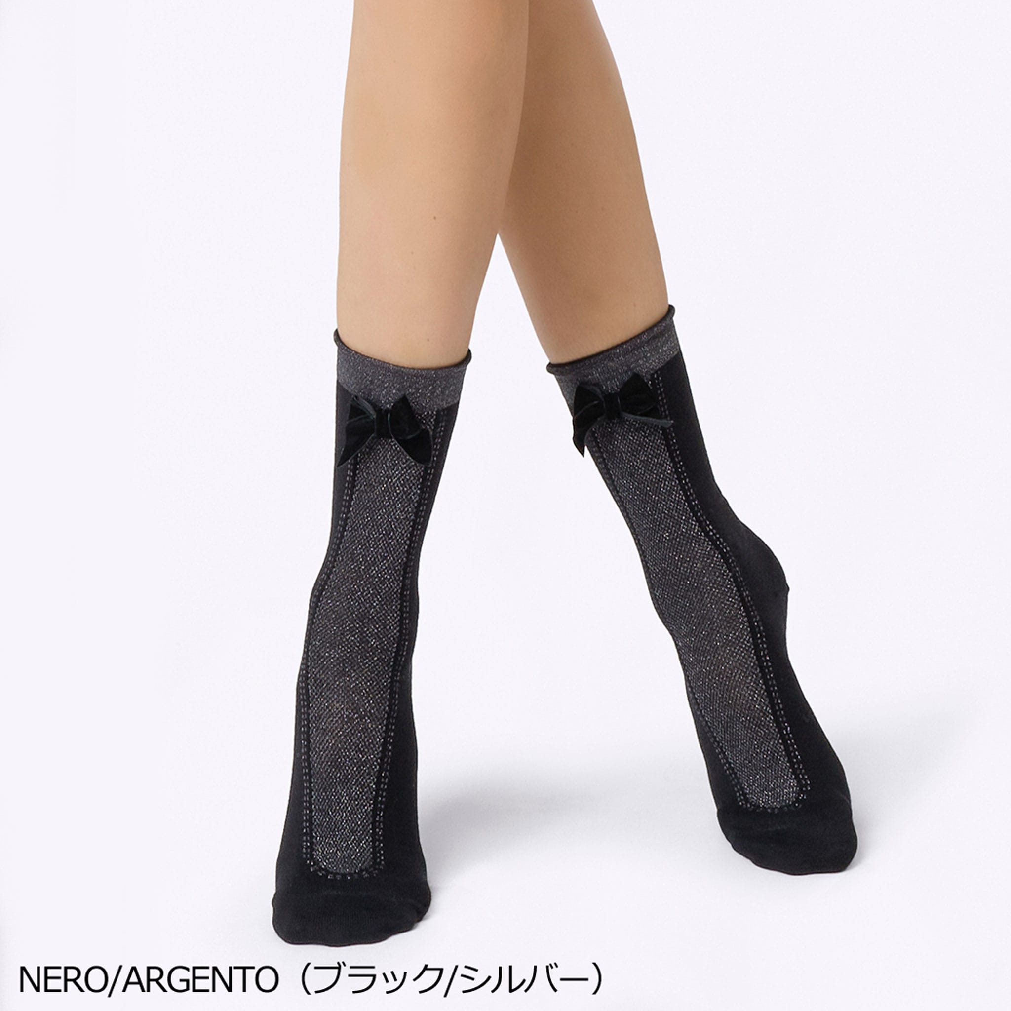 【リーナ】ワンランク上のイタリア製ソックス ベルベットリボン×ラメソックス ゴールド ゴールド ワンサイズ(約:22.5-24.5㎝)