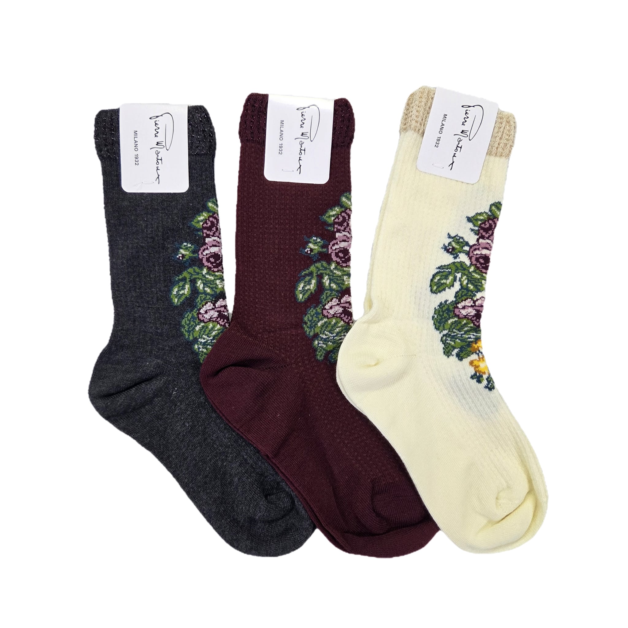 【ナンダ】レトロフラワーのワッフル編みコットンソックス 深みのある上品ボルドー ボルドー ワンサイズ(約:22.5-24.5㎝)