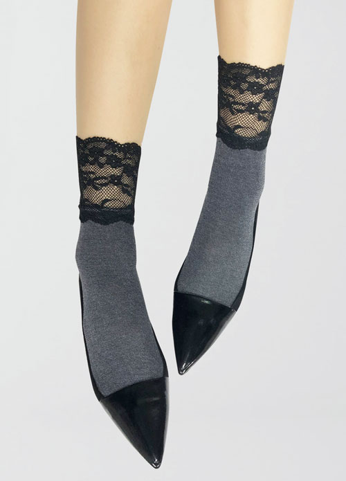 幅広ストレッチレース付きコットンソックス 可愛さが引き立つメランジグレー メランジグレー フリーサイズ(約:22.5-24.5㎝)