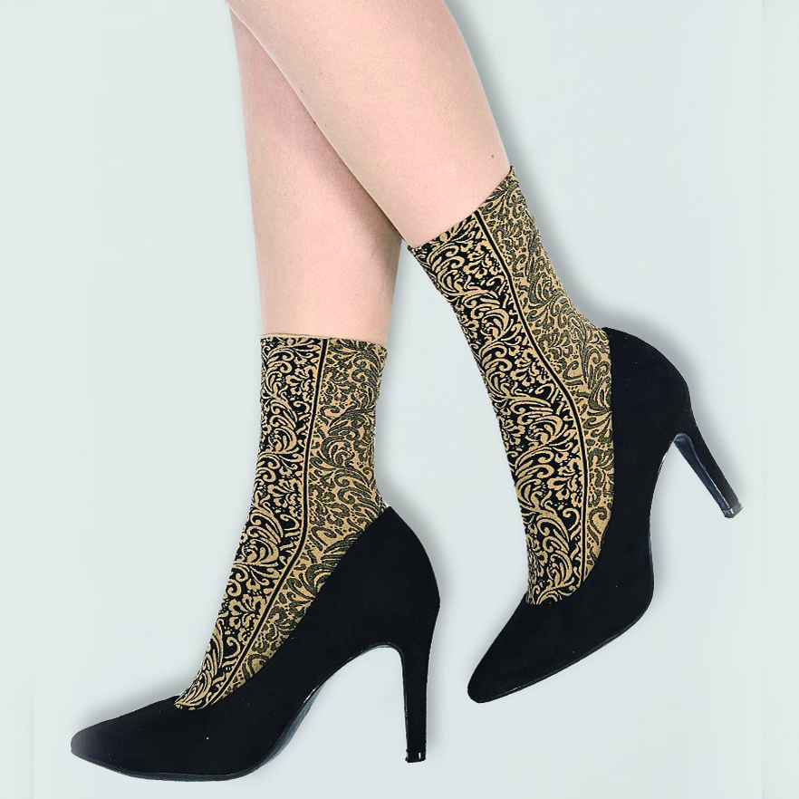 上質な履き心地を求める方に…イタリア製【ピエールマントゥー】のダブルフェイスアラベスク柄ソックス　コントラストがおしゃれなベージュ