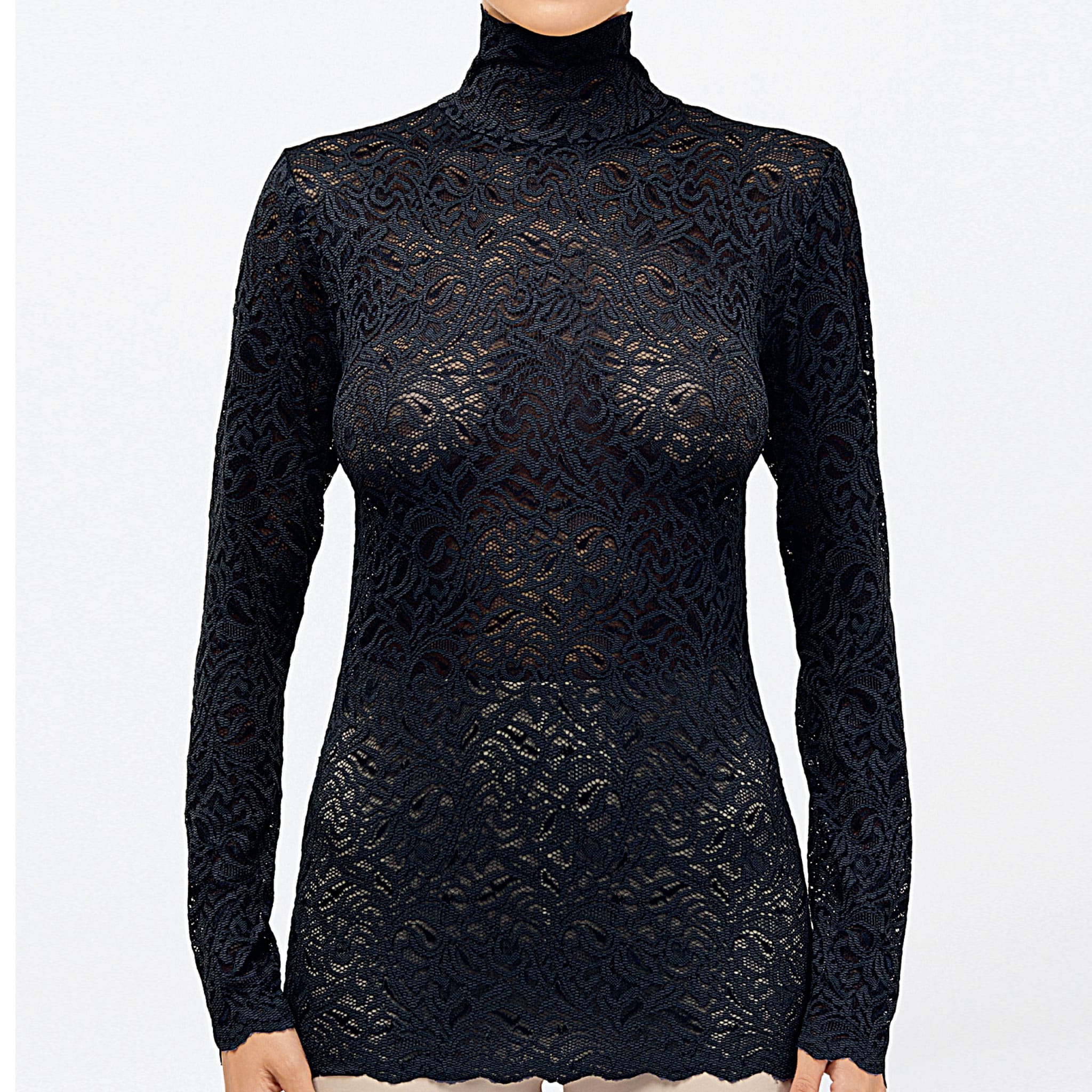 エレガントなオプラレースのハイネック長袖プルオーバー