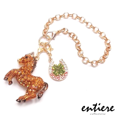 entiere アンティエーレ キラキラ バッグチャーム 馬 午 ウマ 馬蹄＆クローバーミニチャーム ゴールド/ブラウンカラー