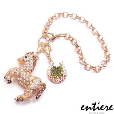 entiere アンティエーレ キラキラ バッグチャーム 馬 午 ウマ 馬蹄＆クローバーミニチャーム ゴールド/クリアカラー