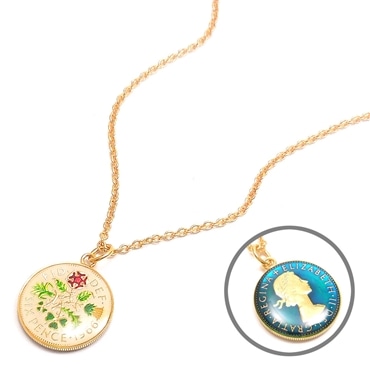 ネックレス ペンダント 6ペンスコイン 1966年 ベージュ/ターコイズブルー ゴールドカラー レディース