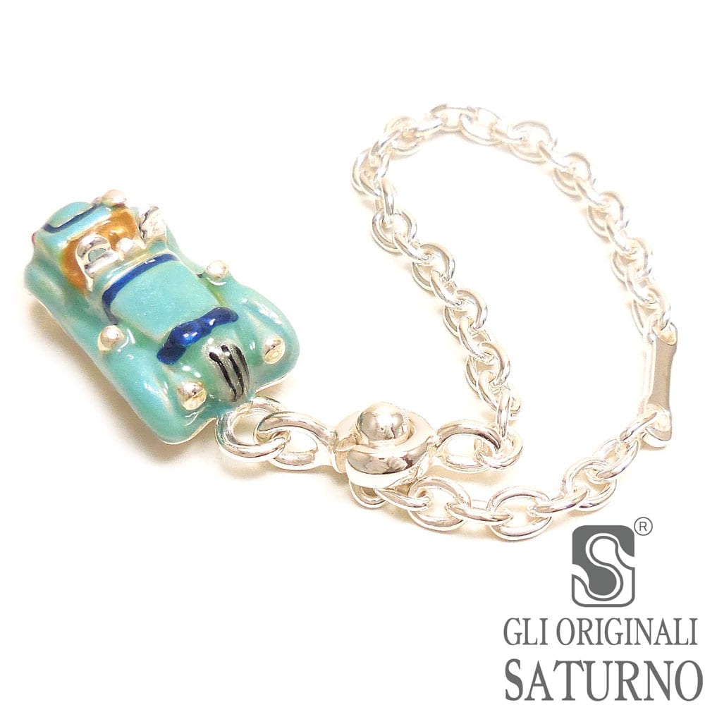 SATURNO サツルノ キーホルダー シルバー925 ミニクラシックカー ミントブルー エナメル彩色 イタリア製