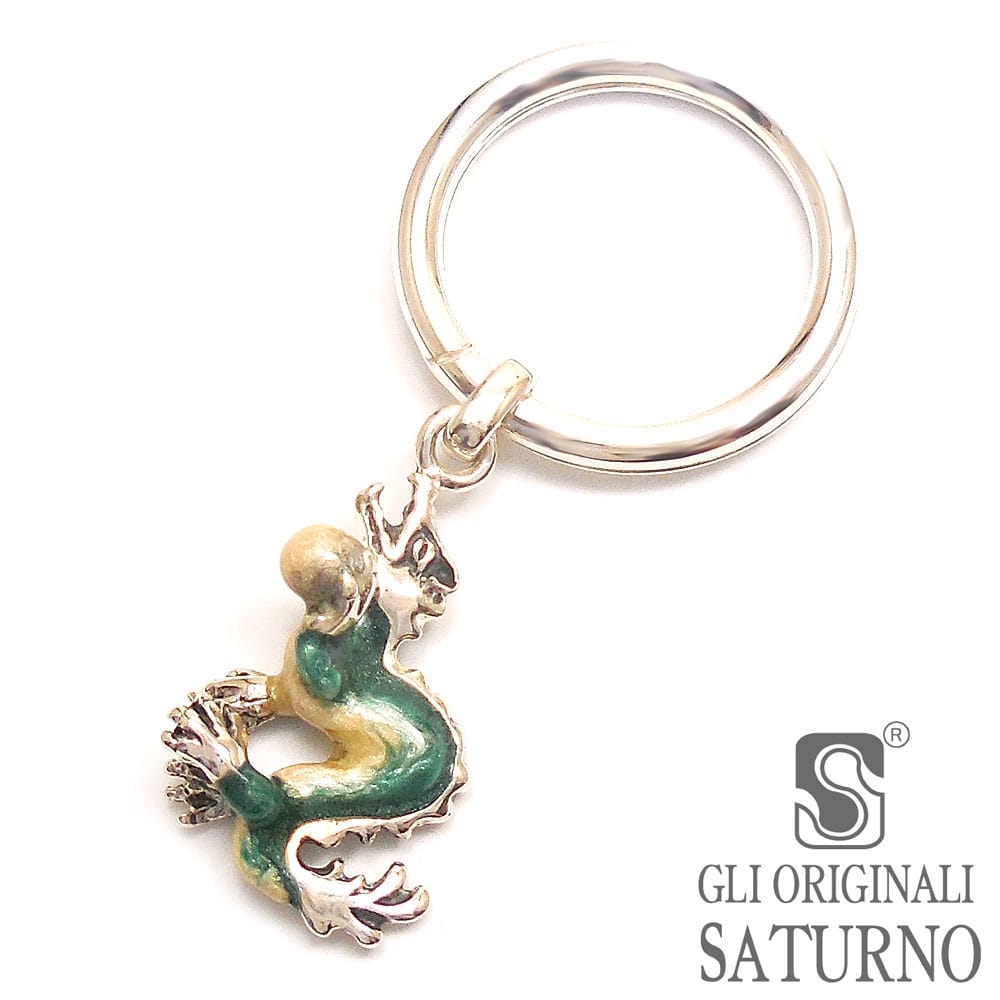 SATURNO サツルノ キーホルダー キーリング シルバー925 龍 ドラゴン グリーン エナメル彩色 ダブルリング イタリア製