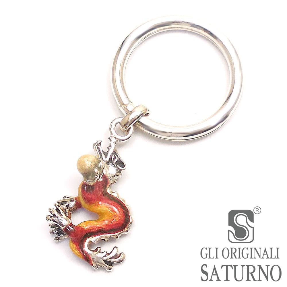 SATURNO サツルノ キーホルダー キーリング シルバー925 龍 ドラゴン レッド エナメル彩色 ダブルリング イタリア製