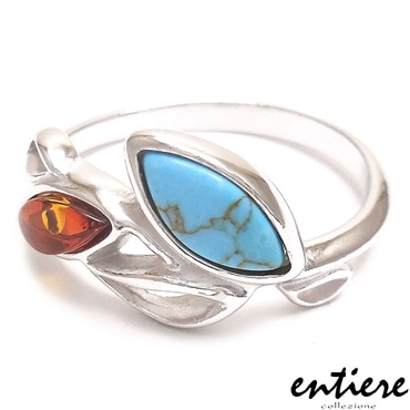 entiere アンティエーレ リング 12号 琥珀 アンバー ターコイズ リーフデザイン シルバー925 ロジウムメッキ レディース
