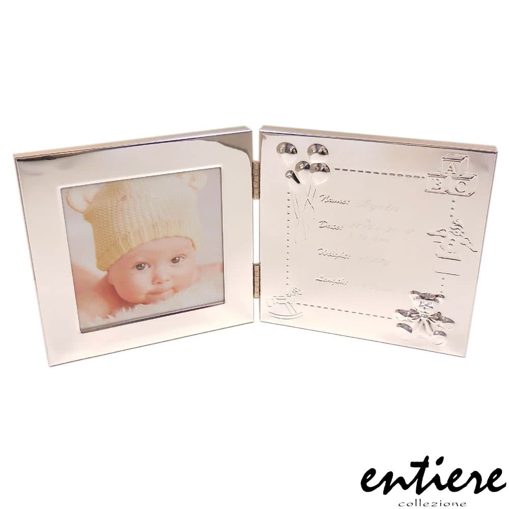 ベビーフレーム ベビーフォトフレーム 名入れ  (お名前・生年月日・出生時間・身長・体重) 2面ブック型 おもちゃ柄 壁掛け兼用