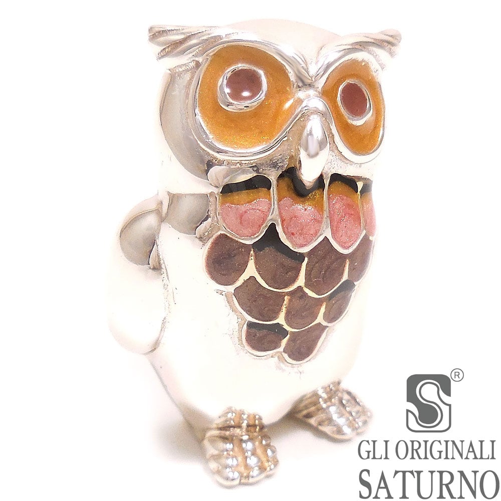 SATURNO サツルノ ブローチ 梟 フクロウ ミミズク エナメル彩色 シルバー925 イタリア製 メンズ レディース