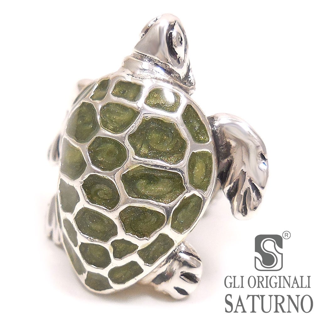 SATURNO サツルノ ピンブローチ ラペルピン ウミガメ 海亀 グリーン シルバー925 エナメル彩色 イタリア製 メンズ レディース