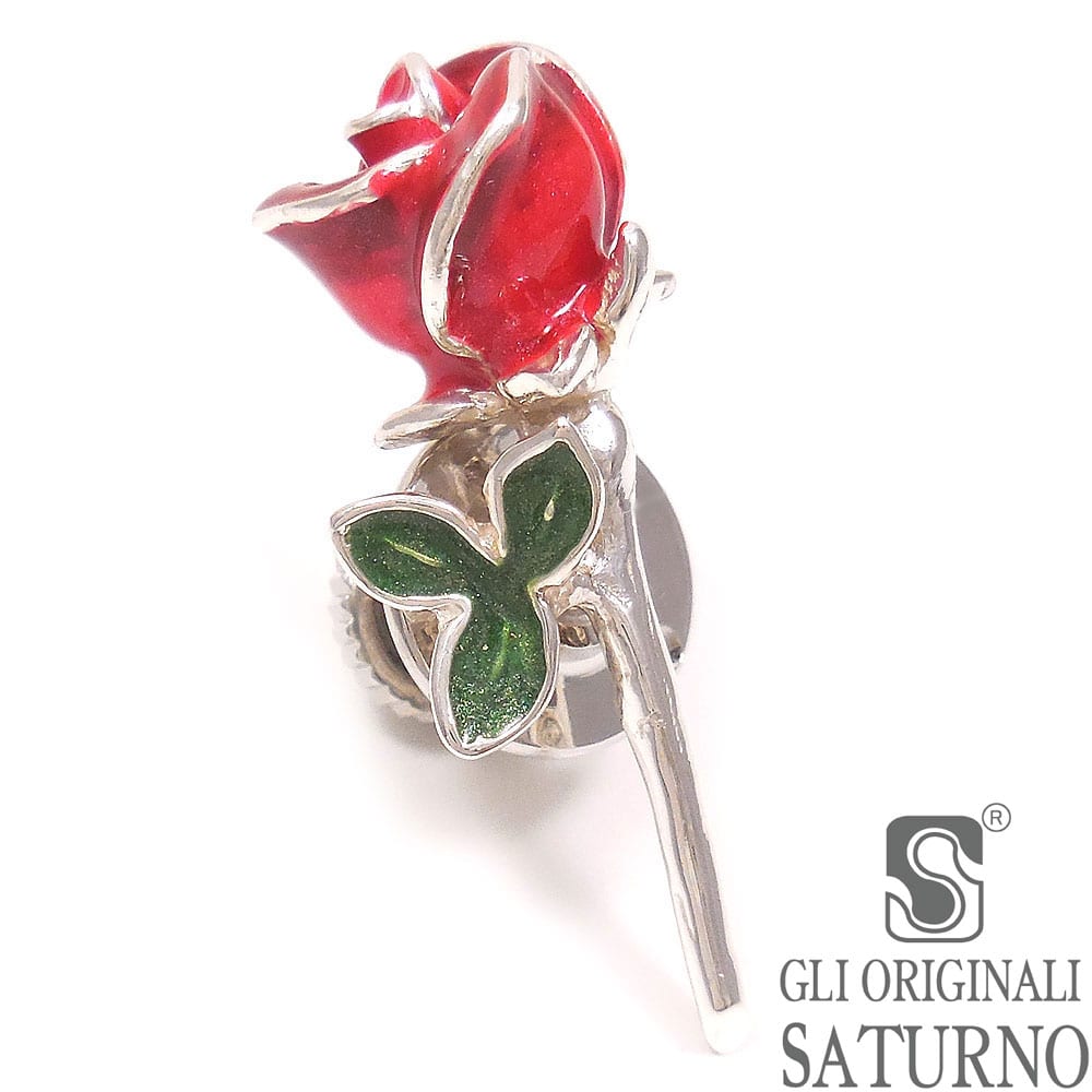 SATURNO サツルノ ピンブローチ ラペルピン 薔薇 バラ レッド シルバー925 エナメル彩色 イタリア製 メンズ レディース