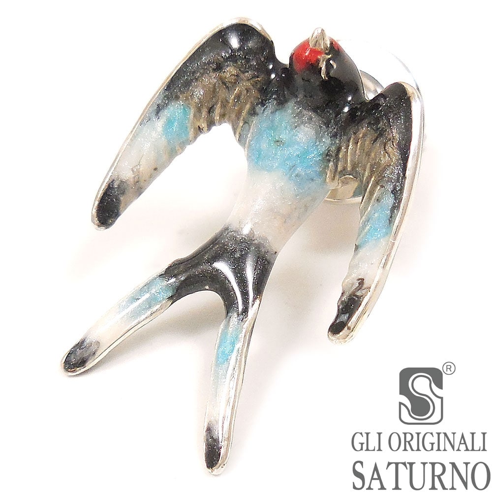 SATURNO サツルノ ピンブローチ ラペルピン ツバメ ブルー シルバー925 エナメル彩色 イタリア製 メンズ レディース