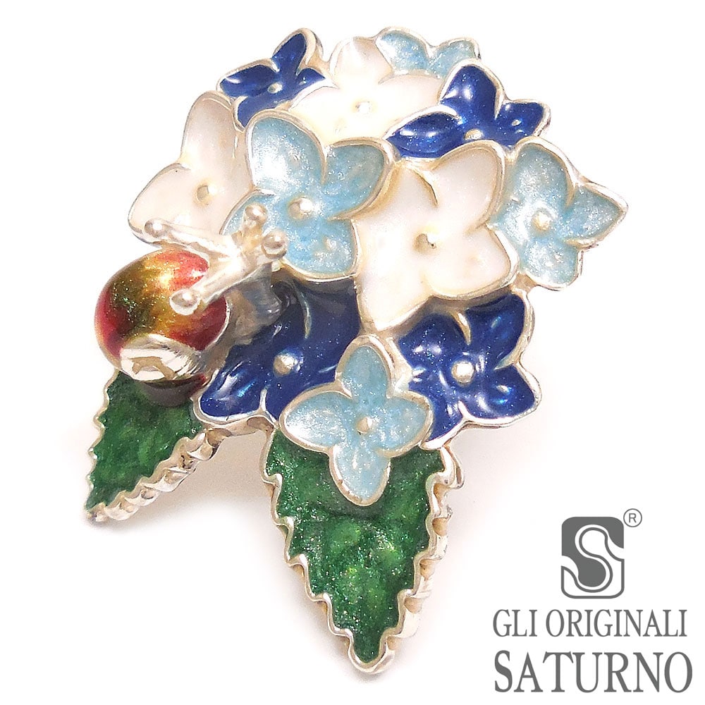 SATURNO サツルノ ピンブローチ ラペルピン あじさい 紫陽花 青/白 シルバー925 エナメル彩色 イタリア製 メンズ レディース