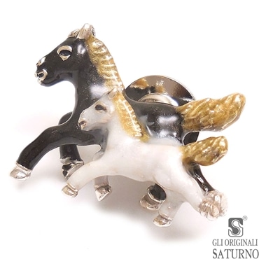 SATURNO サツルノ ピンブローチ ラペルピン 2頭の馬 白＆黒 エナメル彩色 シルバー925 メンズ レディース