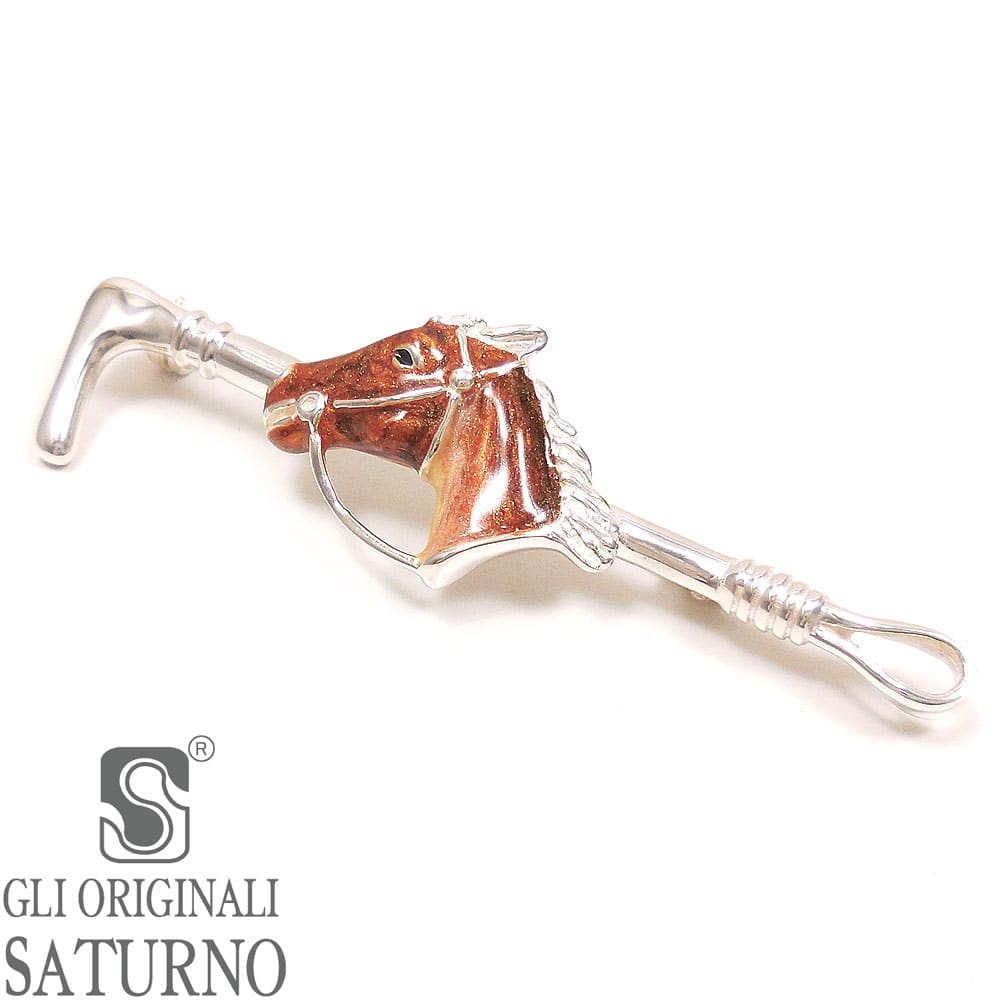 SATURNO サツルノ ブローチ 馬 乗馬鞭 ライトブラウン エナメル彩色 シルバー925 イタリア製 メンズ レディース