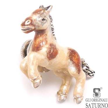 SATURNO サツルノ ピンブローチ ラペルピン 馬 茶ぶち エナメル彩色 シルバー925 メンズ レディース