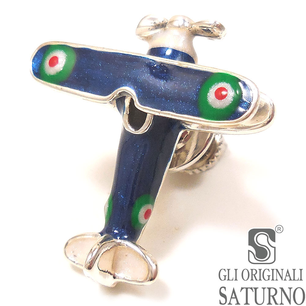 SATURNO サツルノ ピンブローチ ラペルピン 飛行機 複葉戦闘機 ブルー シルバー925 エナメル彩色 イタリア製 メンズ