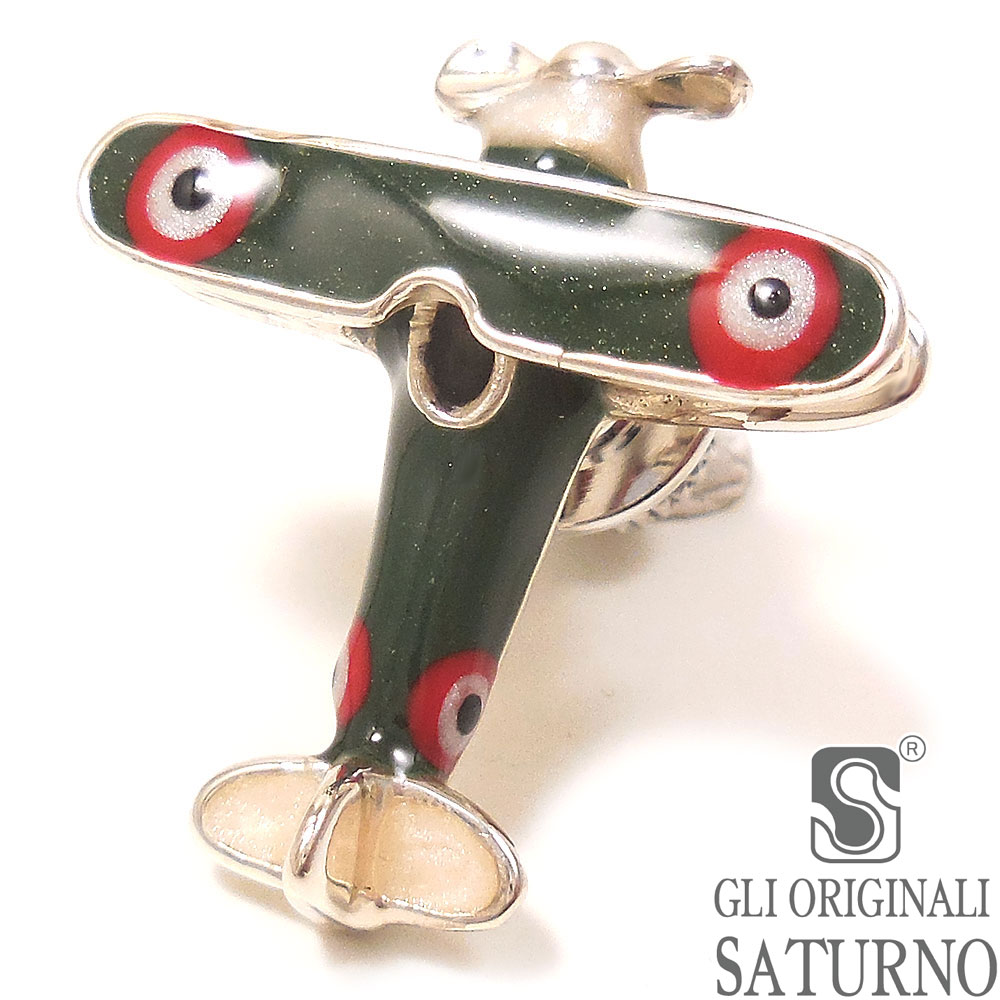 SATURNO サツルノ ピンブローチ ラペルピン 飛行機 複葉戦闘機 グリーン シルバー925 エナメル彩色 イタリア製 メンズ