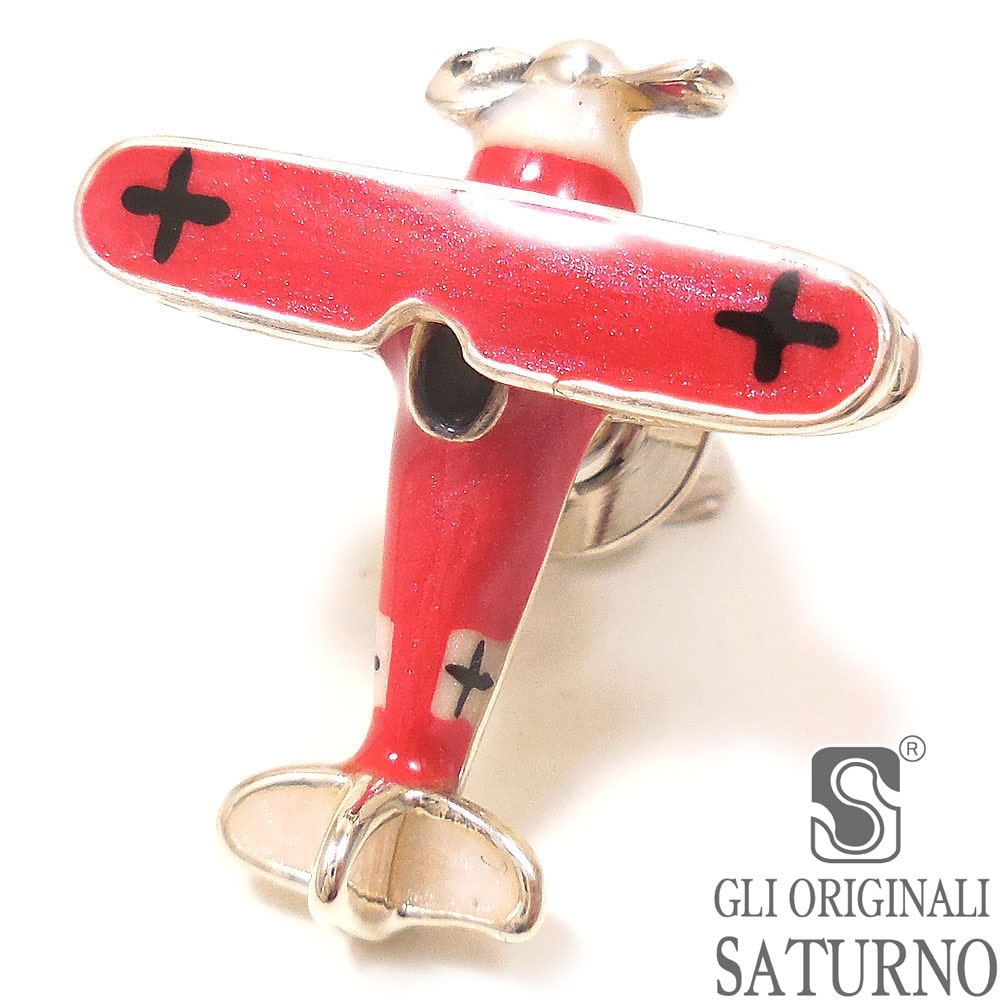 SATURNO サツルノ ピンブローチ ラペルピン 飛行機 複葉戦闘機 レッド シルバー925 エナメル彩色 イタリア製 メンズ