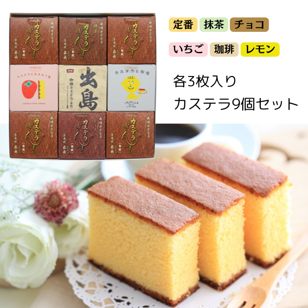 カステラ 3枚入 9箱セット  定番 抹茶 チョコ 出島珈琲  レモン あまおう苺