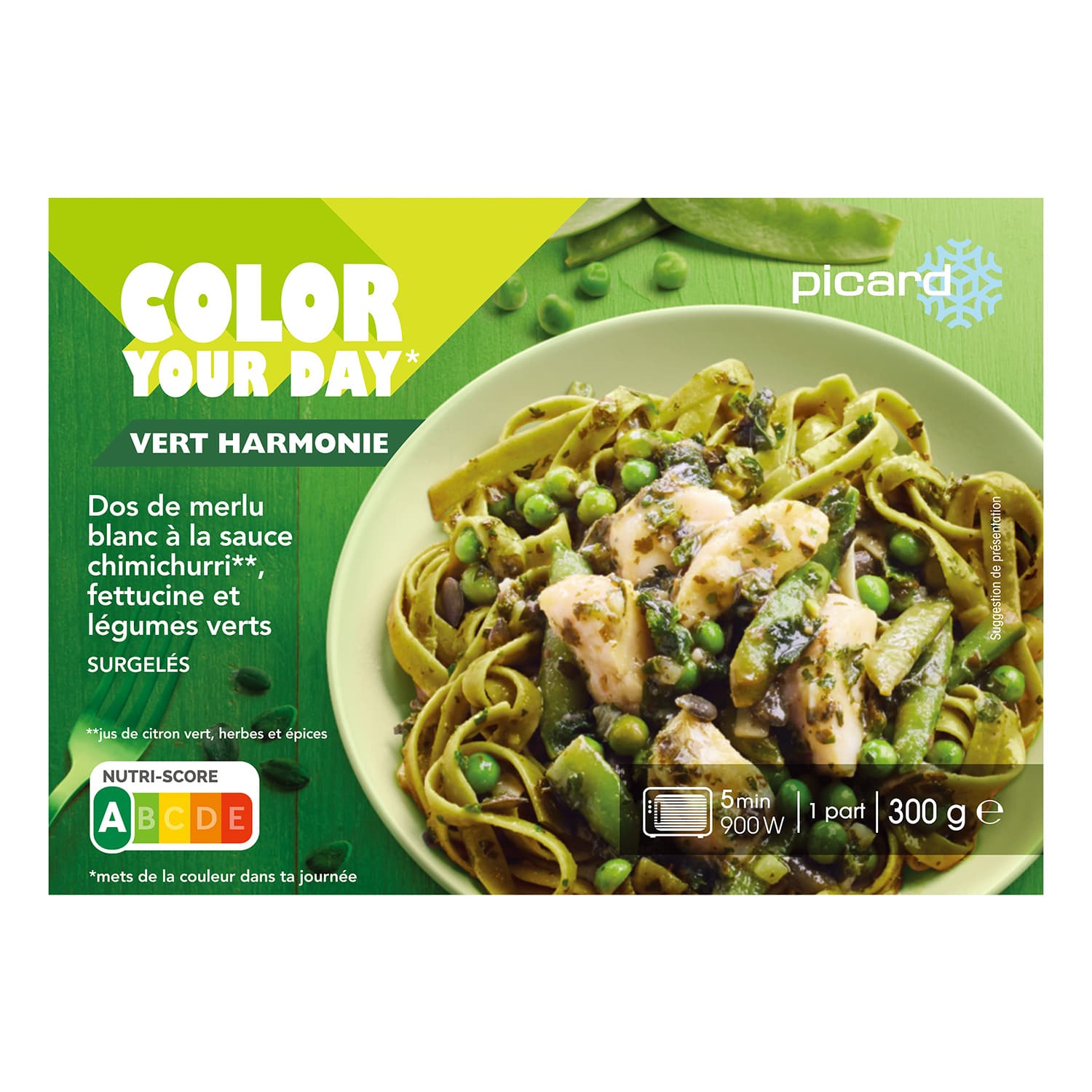 白身魚と緑の野菜のフェットチーネ (チミチュリソース)