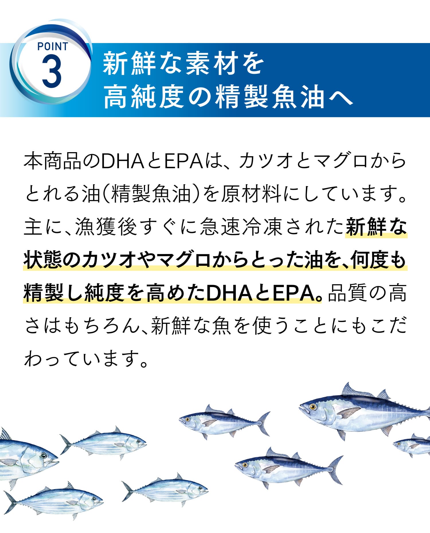 POINT3 新鮮な素材を高純度の精製魚油へ