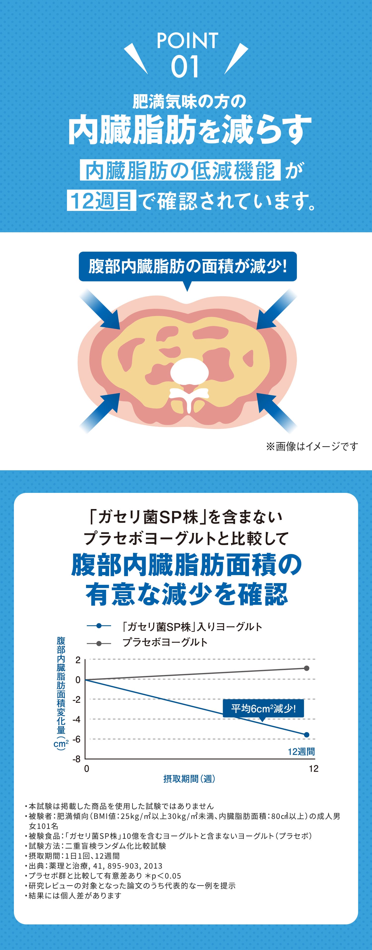 肥満気味の方の内臓脂肪を減らす内臓脂肪の低減機能が12週目で確認されています。