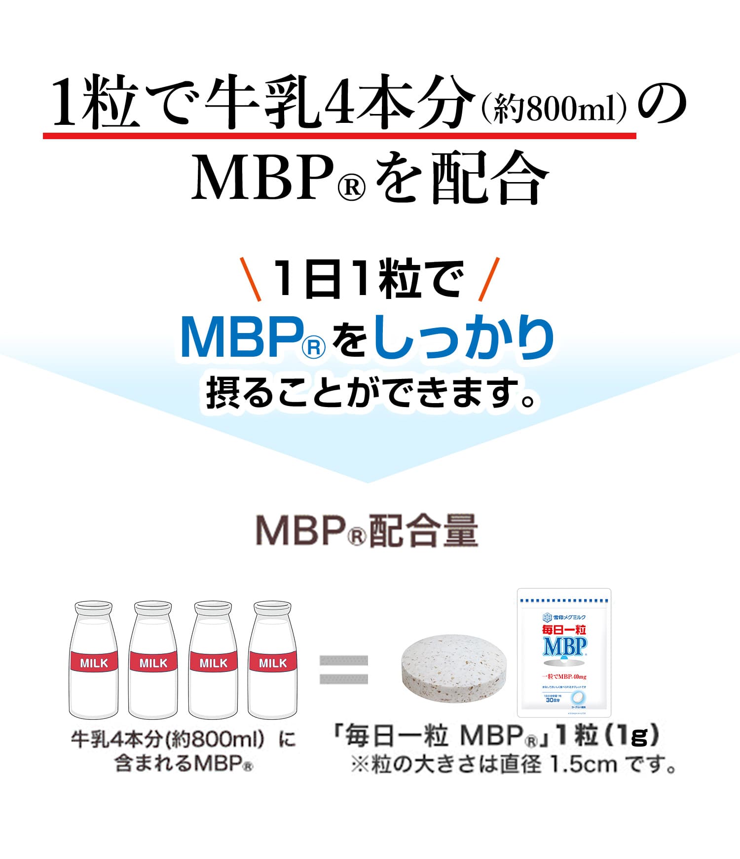1粒で牛乳4本分（約800ml）のMBP(R)を配合。1日1粒でMBP(R)をしっかり摂ることができます。