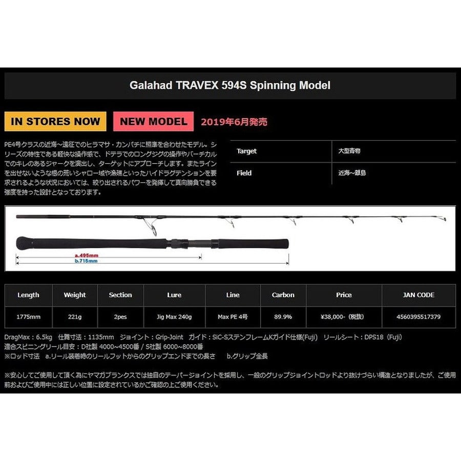 ヤマガブランクス ジギングロッド ギャラハドトラベックス 594S (スピニング/2ピース)