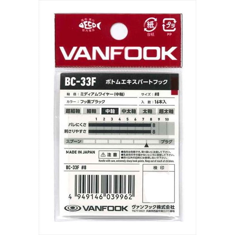 ヴァンフック シングルフック BC-33F ボトムエキスパート フッソブラック #8