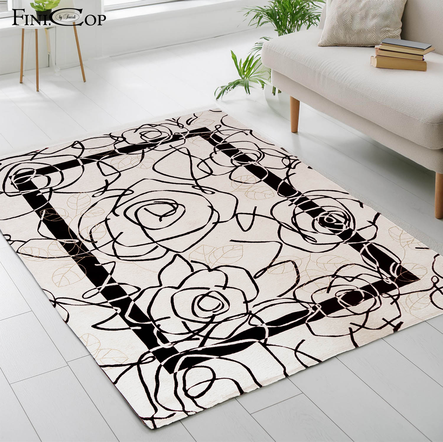 イタリア製ラグ カメリア 140×200cm (アイボリーブラック)