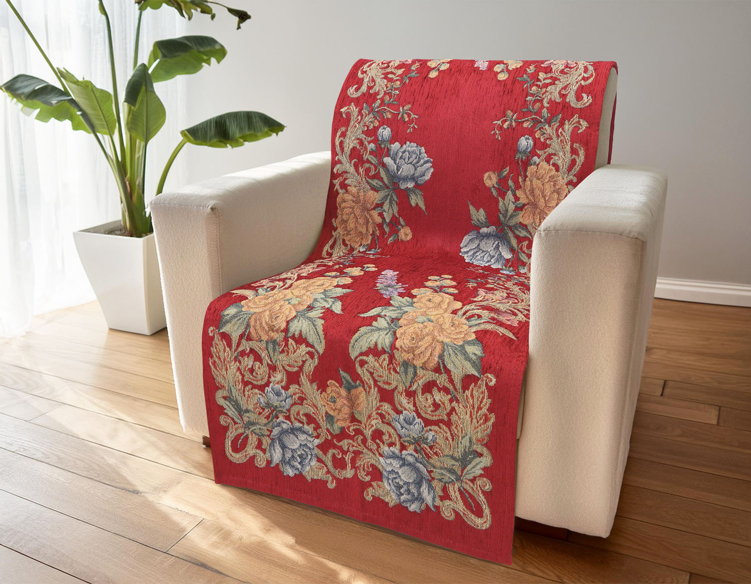 イタリア製中掛けカバー フラワーマルチ 1人掛 53×175cm（レッド）