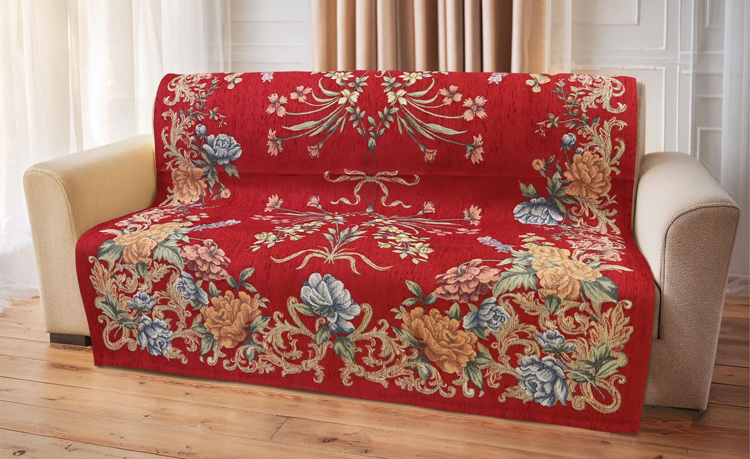 イタリア製中掛けカバー フラワーマルチ 2人掛 105×175cm（レッド）