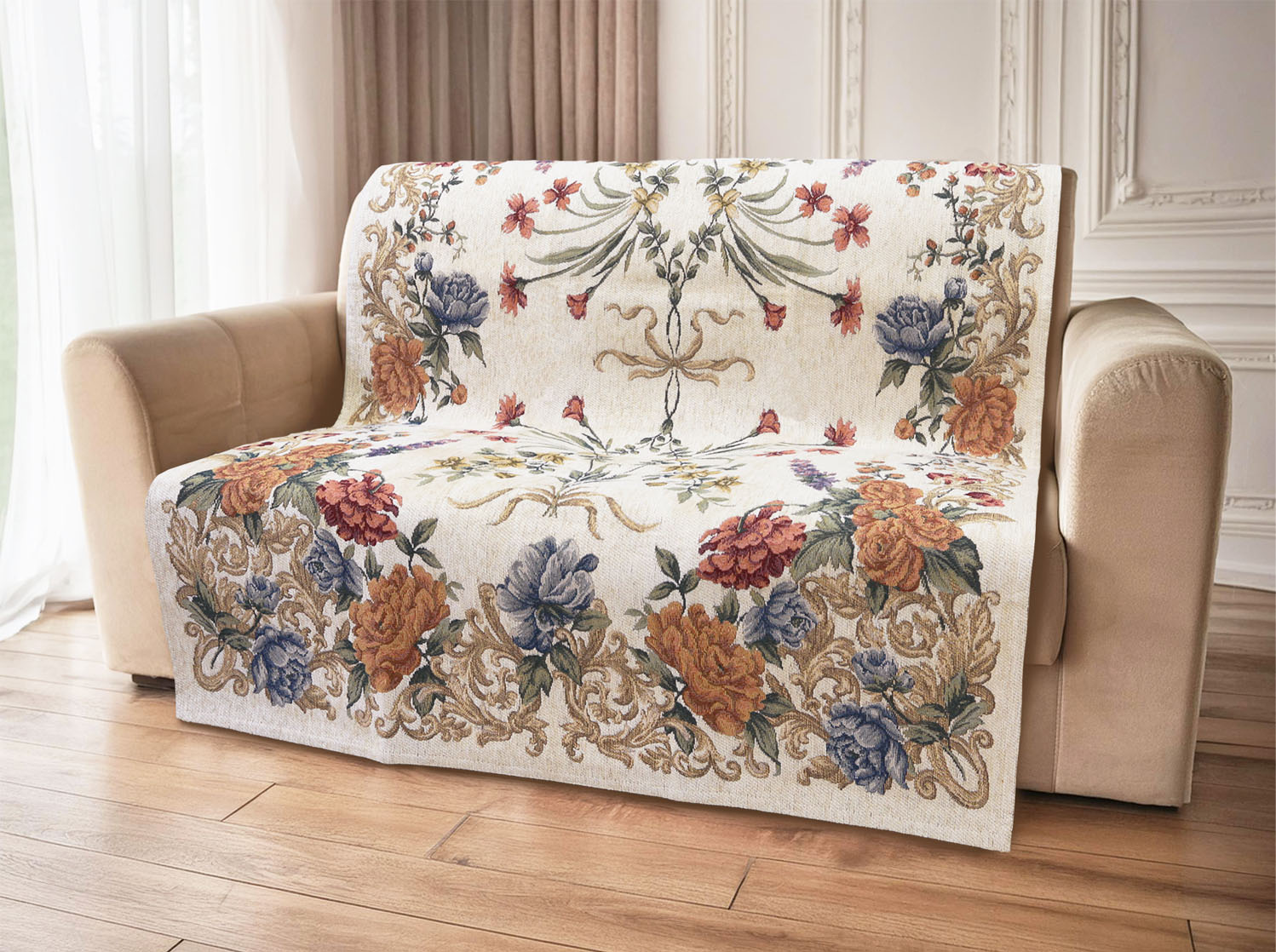 イタリア製中掛けカバー フラワーマルチ 2人掛 105×175cm（ベージュ）
