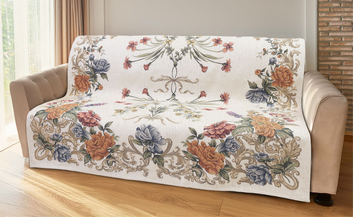 イタリア製中掛けカバー フラワーマルチ 3人掛 155×175cm（ベージュ）